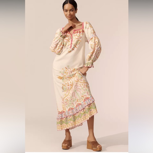 Anthropologie FARM Rio Linen Blend Vibrant Maxi Dress
